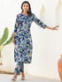 Janasya Women's Navy Blue Pure Cotton Floral Printed Straight Kurta Pant Set